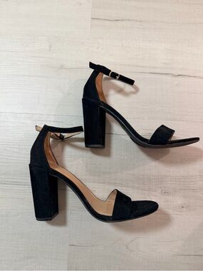 A New Day Black Suede Block Heel Ankle-Strap Sandal Heels
